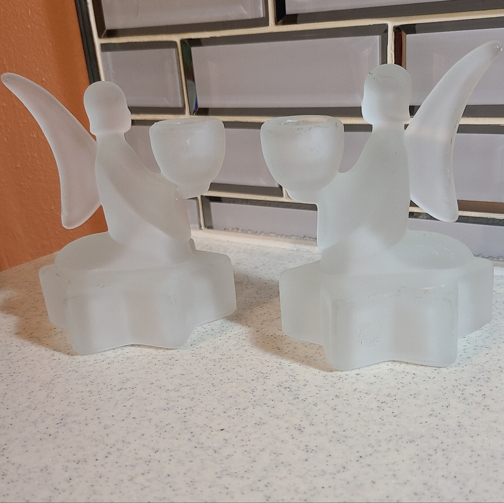 Vintage Frosted Glass Angel Candle Holders